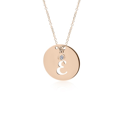 Monogram necklace Ε in round disk , Κ14 pink gold with diamond 0.02ct, VS2, H ko4631 NECKLACES Κοσμηματα - chrilia.gr