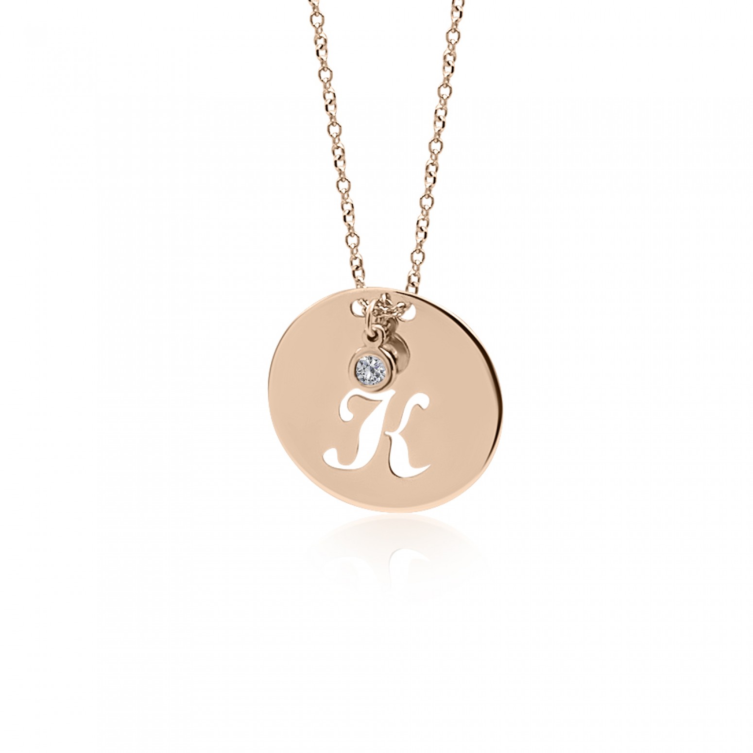 Monogram necklace Κ in round disk , Κ14 pink gold with diamond 0.02ct, VS2, H ko4632 NECKLACES Κοσμηματα - chrilia.gr