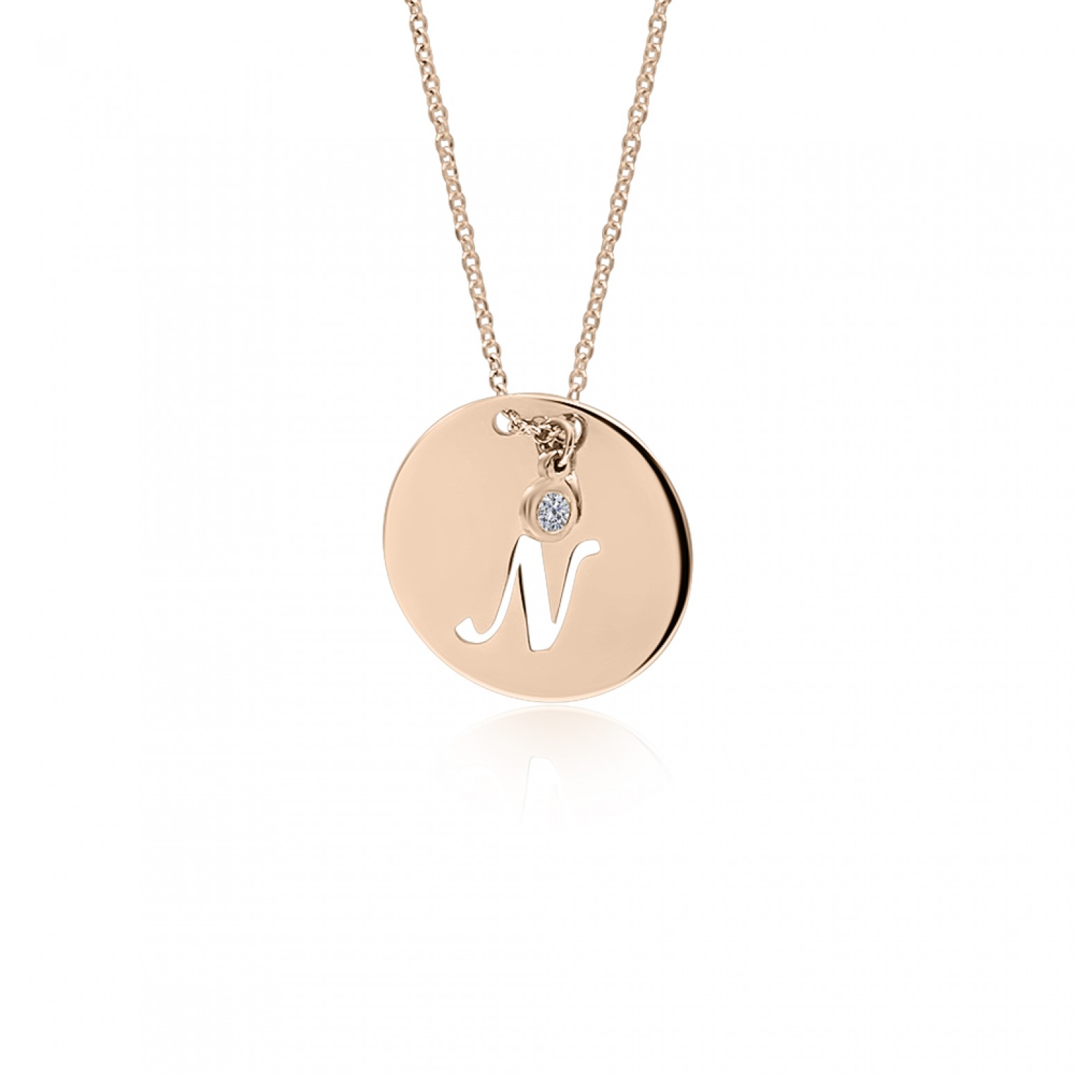 Monogram necklace Ν in round disk , Κ14 pink gold with diamond 0.02ct, VS2, H ko4633 NECKLACES Κοσμηματα - chrilia.gr