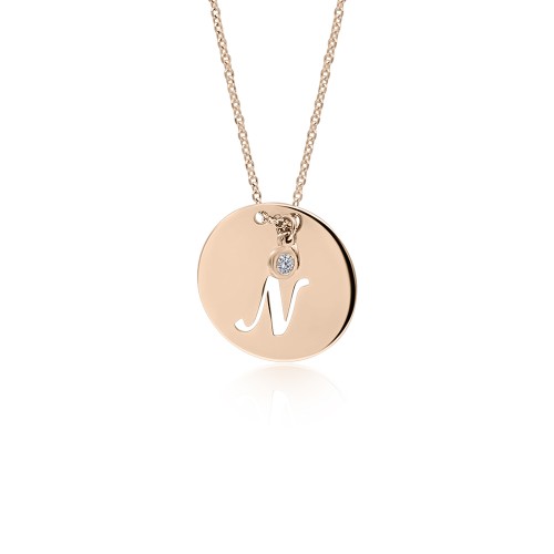 Monogram necklace Ν in round disk , Κ14 pink gold with diamond 0.02ct, VS2, H ko4633 NECKLACES Κοσμηματα - chrilia.gr