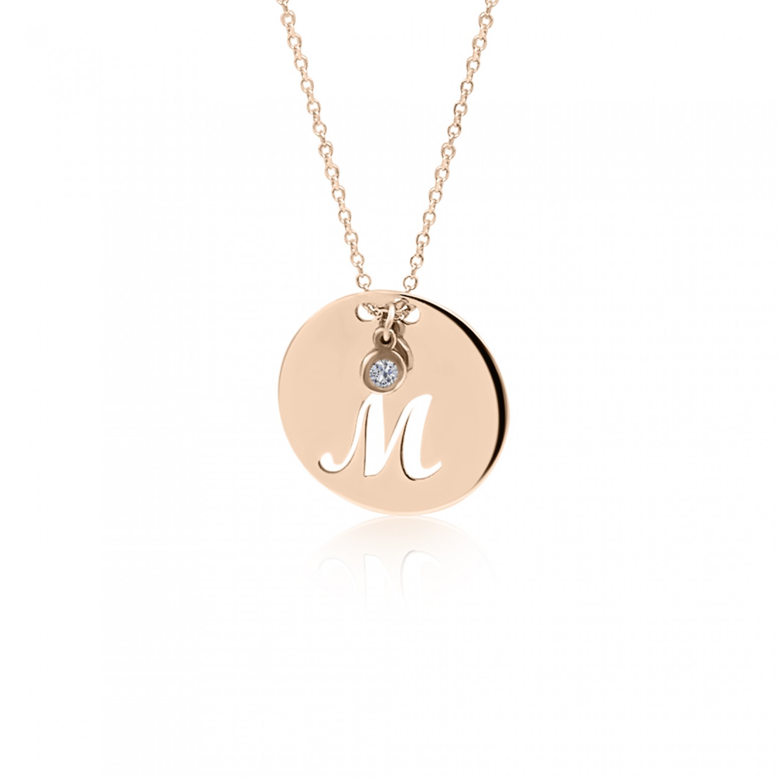 Monogram necklace M in round disk , Κ14 pink gold with diamond 0.02ct, VS2, H ko4643 NECKLACES Κοσμηματα - chrilia.gr