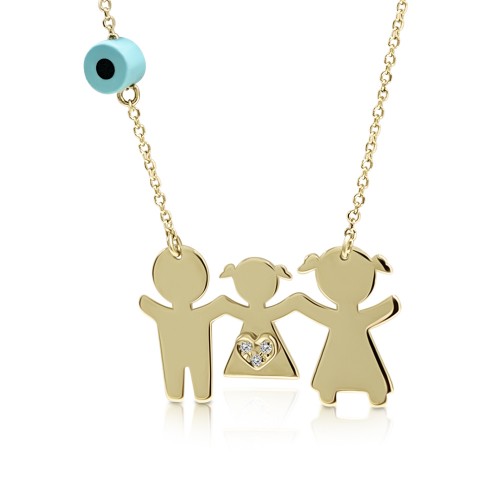 Necklace for mum, K14 gold with family, eye and diamonds 0.01ct, VS2, H pk0150 NECKLACES Κοσμηματα - chrilia.gr