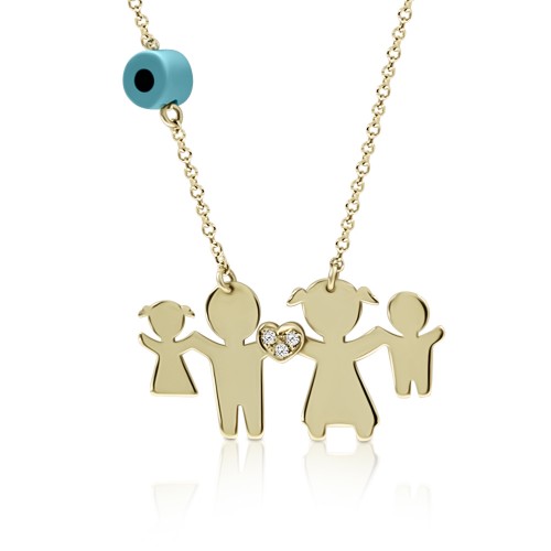 Νecklace for mum K14 gold with family, eye and diamonds 0.01ct, VS2, H pk0170 NECKLACES Κοσμηματα - chrilia.gr