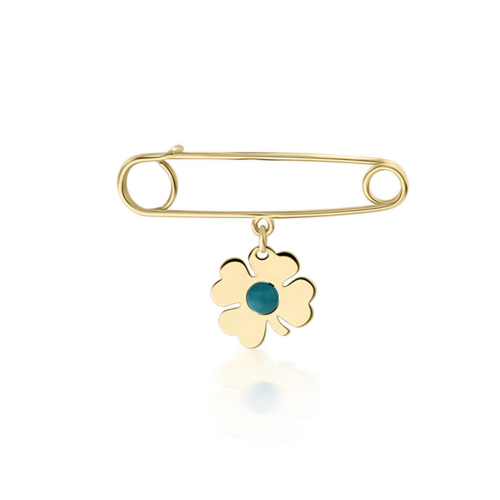 Babies pin K14 gold with four-leaf clover and turquoise pf0078 BABIES Κοσμηματα - chrilia.gr