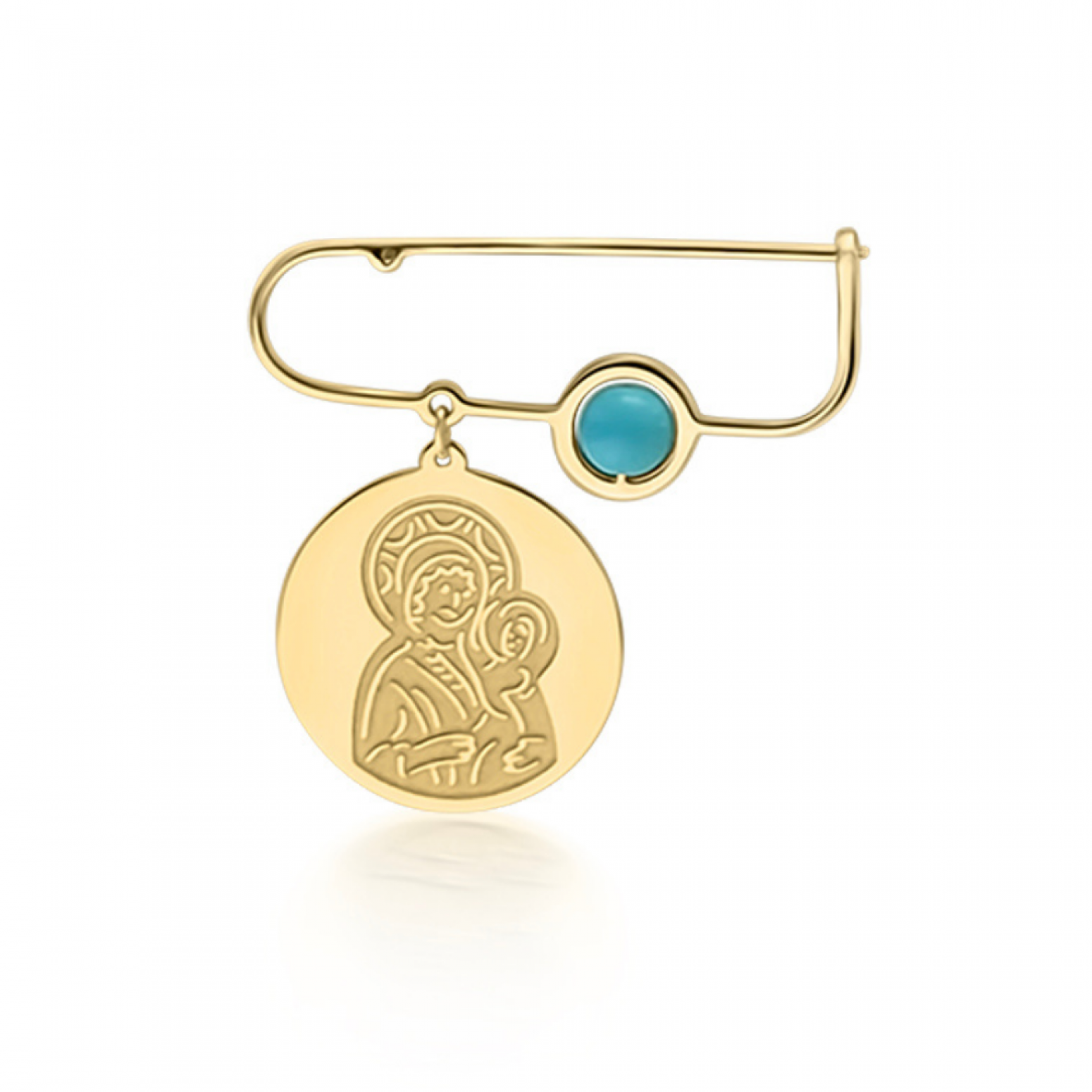 Babies pin K14 gold with Holy Mary and turquoise pf0168 BABIES Κοσμηματα - chrilia.gr