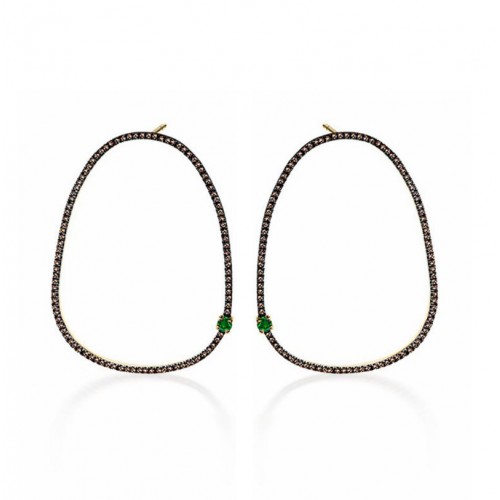 Dangle earrings 14K gold with brown diamonds 0.39ct and emeralds, sk3377 EARRINGS Κοσμηματα - chrilia.gr