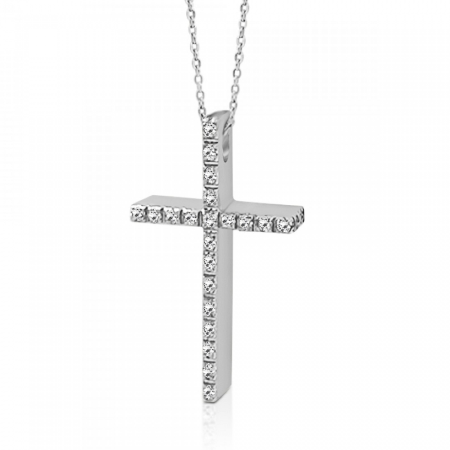 Double sided baptism cross with chain K14 white gold with zircon, ko5237 CROSSES Κοσμηματα - chrilia.gr