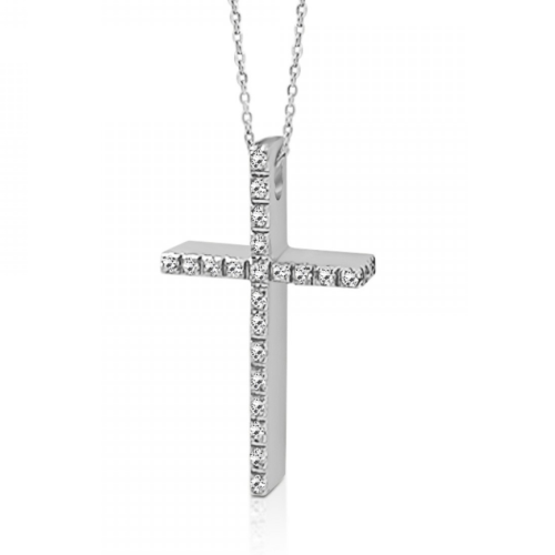 Double sided baptism cross with chain K14 white gold with zircon, ko5237 CROSSES Κοσμηματα - chrilia.gr