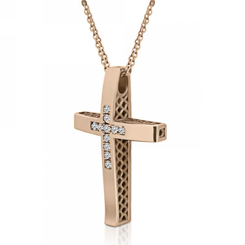 Double sided baptism cross with double chain K14 pink gold with zircon, ko5231 CROSSES Κοσμηματα - chrilia.gr