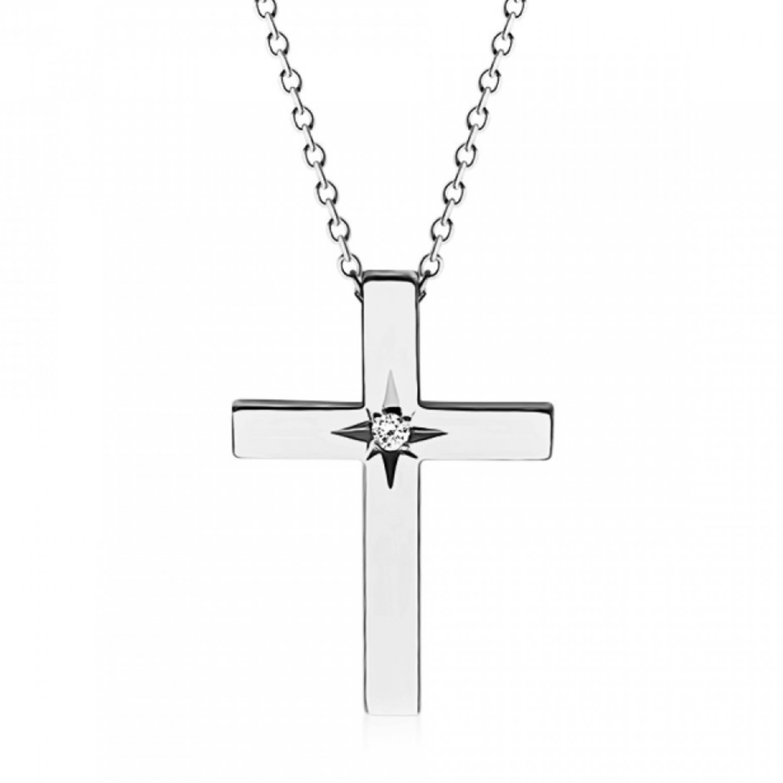 Βαπτιστικός σταυρός με αλυσίδα Κ14 λευκόχρυσο με διαμάντι 0.02ct, VS2, H ko5290 ΣΤΑΥΡΟΙ Κοσμηματα - chrilia.gr