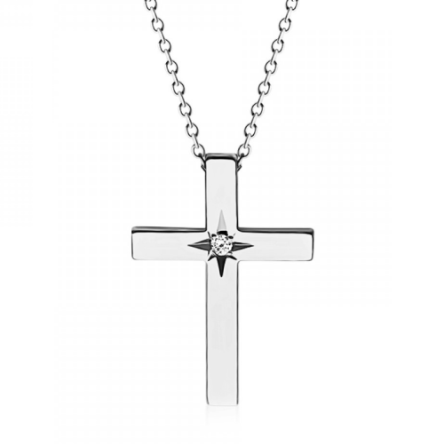 Βαπτιστικός σταυρός με αλυσίδα Κ14 λευκόχρυσο με διαμάντι 0.02ct, VS2, H ko5290 ΣΤΑΥΡΟΙ Κοσμηματα - chrilia.gr