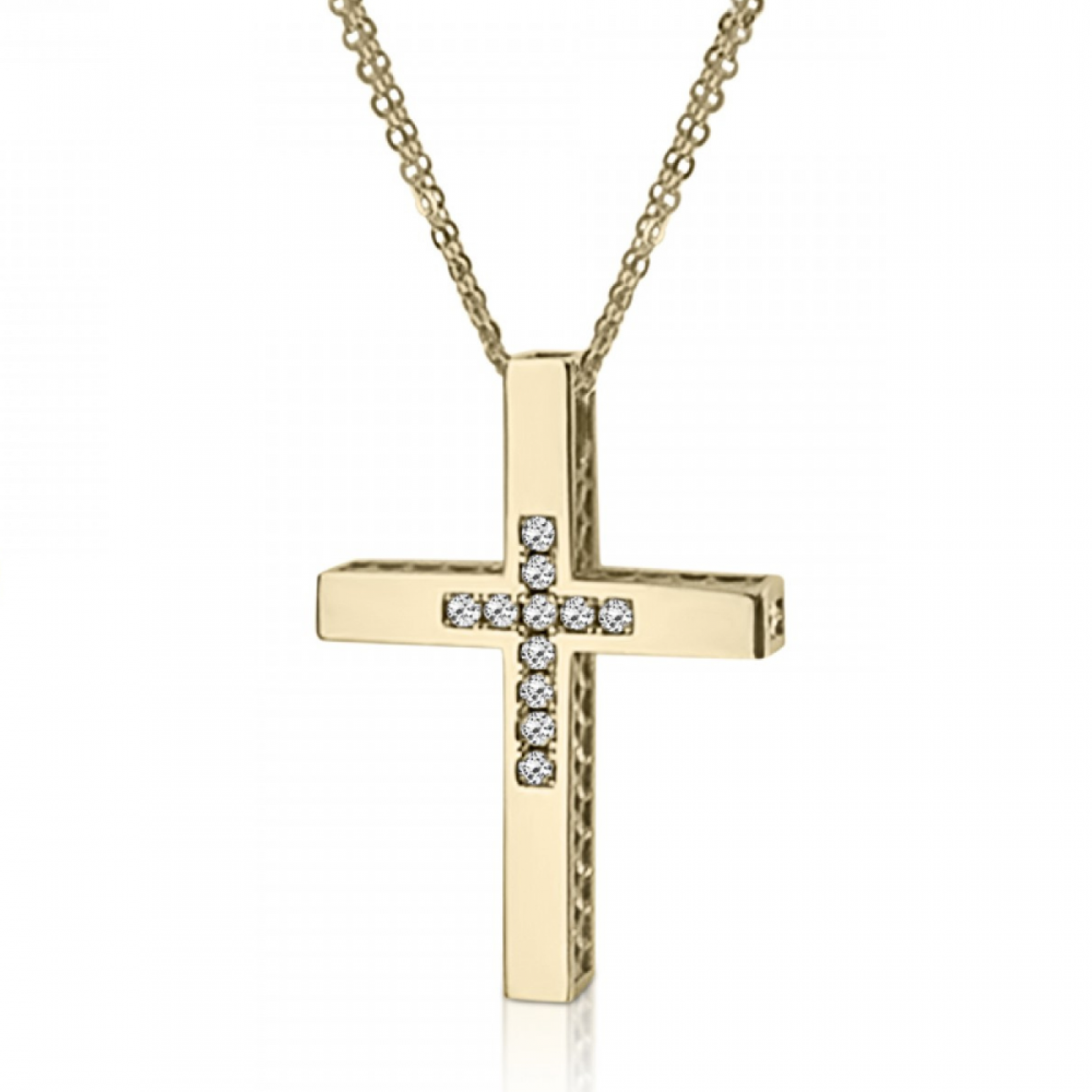 Double sided baptism cross with double chain K14 gold with zircon, ko5242 CROSSES Κοσμηματα - chrilia.gr