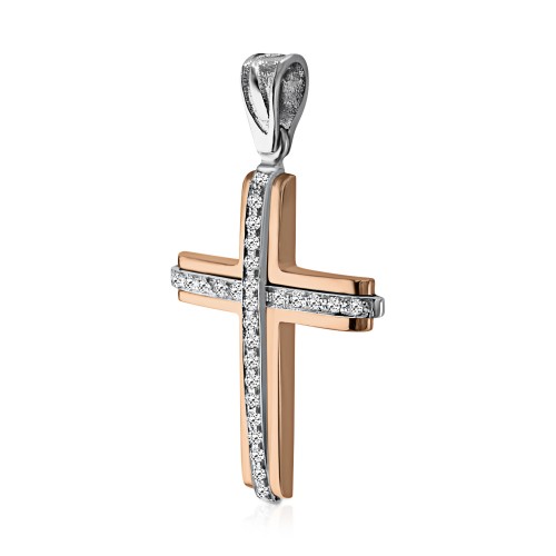 Βαπτιστικός σταυρός Κ14 ροζ χρυσό και λευκόχρυσο με ζιργκόν, st3968 ΣΤΑΥΡΟΙ Κοσμηματα - chrilia.gr