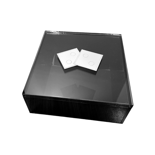 Κουτί πλεξιγκλάς μαύρο με γκρι φιμέ καπάκι και ίνοξ ζάρια 20 x 20 x 8cm, ac1307 ΔΩΡΑ Κοσμηματα - chrilia.gr