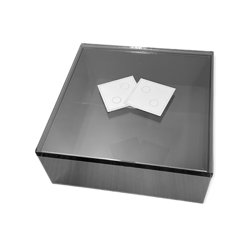 Gray plexiglass box with gray tinted lid and inox dice 20 x 20 x 8cm, ac1308 GIFTS Κοσμηματα - chrilia.gr