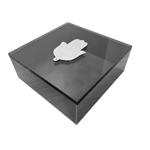 Gray plexiglass box with gray tinted lid and inox hamsa 20 x 20 x 8cm, ac1365 GIFTS Κοσμηματα - chrilia.gr