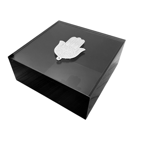 Black plexiglass box with gray tinted lid and inox hamsa 20 x 20 x 8cm, ac1366 GIFTS Κοσμηματα - chrilia.gr